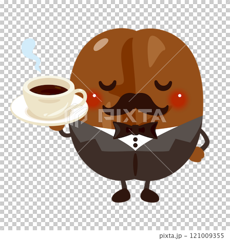 コーヒーカップを持った喫茶店のマスター風コーヒー豆のキャラクターイラストセット 121009355