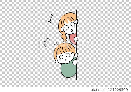壁から覗いている子ども達 驚く 壁から覗いている子ども達 驚く 121009360