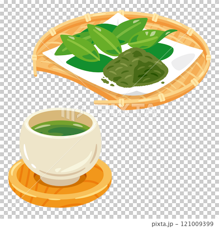 ザルに盛られた茶葉と生茶葉セット 121009399