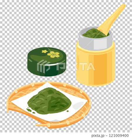 Green tea leaves in a colander and a tea caddy 121009400