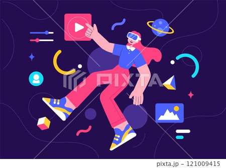 Metaverse Digital Virtual Reality Technology Vector Illustration featuring a Person Wearing VR Glasses for Future Innovation and Communication Metaverse Digital Virtual Reality Technology Vector Illustration featuring a Person Wearing VR Glasses for Future Innovation and Communication 121009415