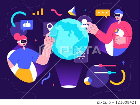 Metaverse Digital Virtual Reality Technology Vector Illustration featuring a Person Wearing VR Glasses for Future Innovation and Communication 121009421
