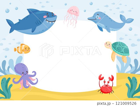 Note Card with Sea Animal and Marine Underwater Swimming Creature Vector Template 121009526