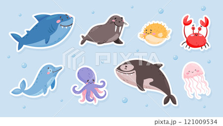 Sea Animal and Marine Underwater Swimming Cartoon Creature Vector Set 121009534
