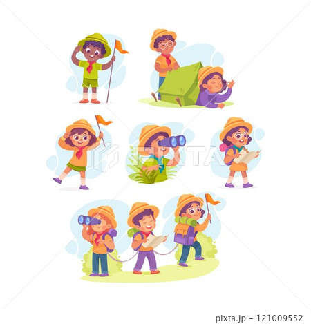 Boy and Girl Scout Character in Hat Vector Illustration Set Boy and Girl Scout Character in Hat Vector Illustration Set 121009552