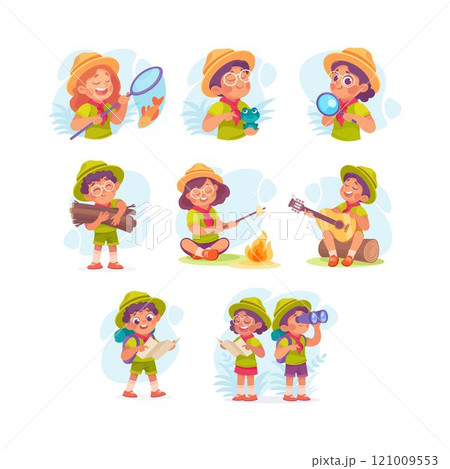 Boy and Girl Scout Character in Hat Vector Illustration Set Boy and Girl Scout Character in Hat Vector Illustration Set 121009553