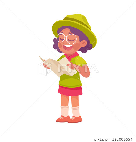 Girl Scout Character in Hat Examine Map Search Route Vector Illustration 121009554