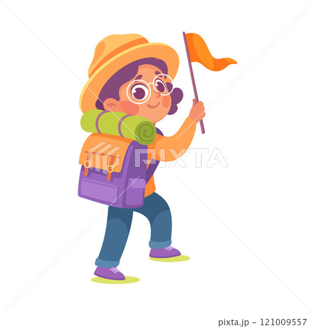 Girl Scout Character in Hat and Backpack Walking with Flag Pole Vector Illustration Girl Scout Character in Hat and Backpack Walking with Flag Pole Vector Illustration 121009557