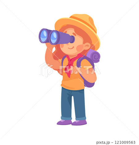 Girl Scout Character in Hat with Backpack and Binoculars Vector Illustration Girl Scout Character in Hat with Backpack and Binoculars Vector Illustration 121009563