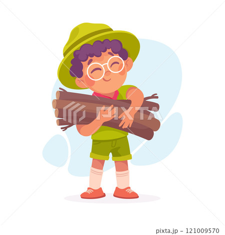 Boy Scout Character in Hat Carry Brushwood Vector Illustration Boy Scout Character in Hat Carry Brushwood Vector Illustration 121009570