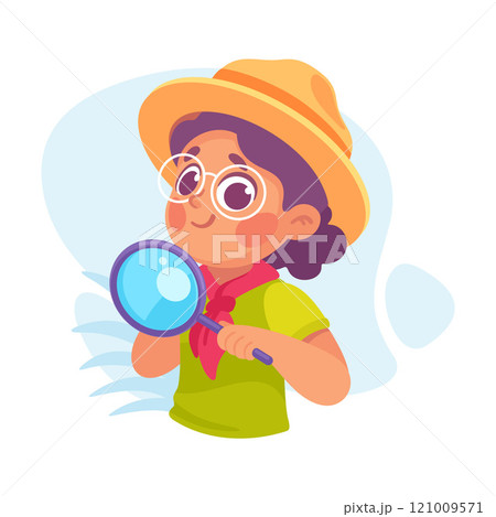 Girl Scout Character in Hat Hold Magnifying Glass Vector Illustration Girl Scout Character in Hat Hold Magnifying Glass Vector Illustration 121009571
