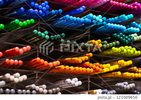 A diverse set of colored pencils is beautifully lined up on a rack 121009656