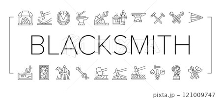 blacksmith forge anvil hammer icons set vector 121009747