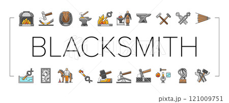 blacksmith forge anvil hammer icons set vector 121009751