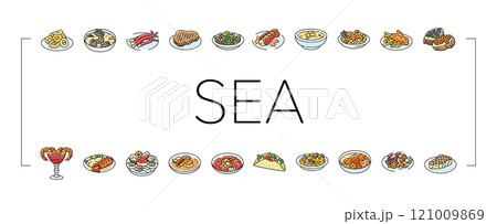 sea cuisine italian cook greece icons set vector 121009869