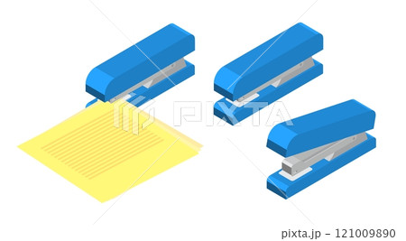 Isometric office staplers for joining sheets of paper with staples. Office stationery. 3D vectors isolated on white background top view at an angle Isometric office staplers for joining sheets of paper with staples. Office stationery. 3D vectors isolated on white background top view at an angle 121009890