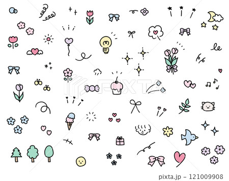 手書きの飾りイラストのベクターイラストセット。手描き、集中線、注目、星、ハート、リボン 手書きの飾りイラストのベクターイラストセット。手描き、集中線、注目、星、ハート、リボン 121009908