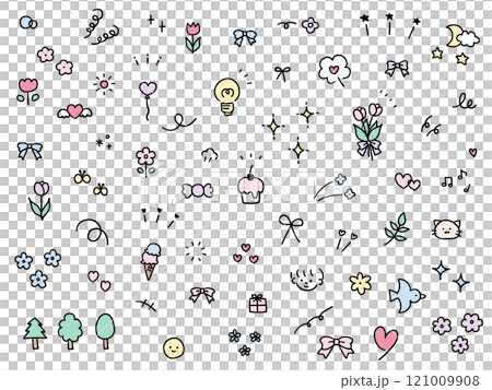 手書きの飾りイラストのベクターイラストセット。手描き、集中線、注目、星、ハート、リボン 手書きの飾りイラストのベクターイラストセット。手描き、集中線、注目、星、ハート、リボン 121009908