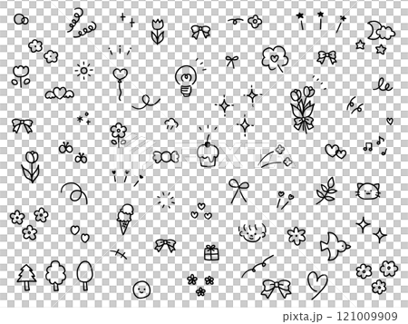 A vector illustration set of hand-drawn decorative illustrations. Hand-drawn, focused lines, attention, stars, hearts, ribbons 121009909