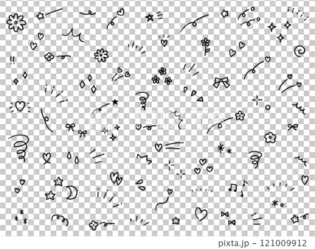 A vector illustration set of hand-drawn decorative illustrations. Hand-drawn, focused lines, attention, flowers, hearts, ribbons 121009912