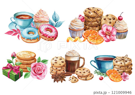 Set of different sweets on isolated white background. Watercolor cookies gifts donuts cupcakes orange slices for design Set of different sweets on isolated white background. Watercolor cookies gifts donuts cupcakes orange slices for design 121009946