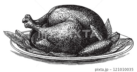 Turkey on a Plate Detailed Vintage Engraving Illustration on White Background with Intricate Texture Classic Thanksgiving Dinner Art Antique Style Roasted Bird Graphic Culinary 121010035