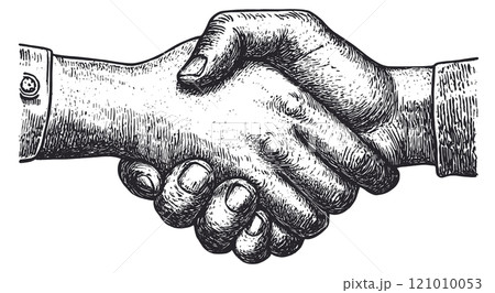 Shaking Hands Detailed Vintage Engraving Illustration on White Background with Intricate Texture Classic Gesture Art Antique Style Symbol of Agreement Graphic Human Connection 121010053