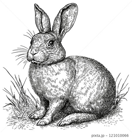 Rabbit Sitting in the Grass Detailed Vintage Engraving Illustration on White Background with Intricate Texture Classic Wildlife Art Antique Style Cute Animal Graphic Nature Design 121010066