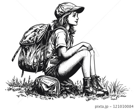 Hiker Girl Sitting on a Rock Detailed Vintage Engraving Illustration on White Background with Intricate Texture Classic Outdoor Art Antique Style Female Adventurer Graphic Nature 121010084