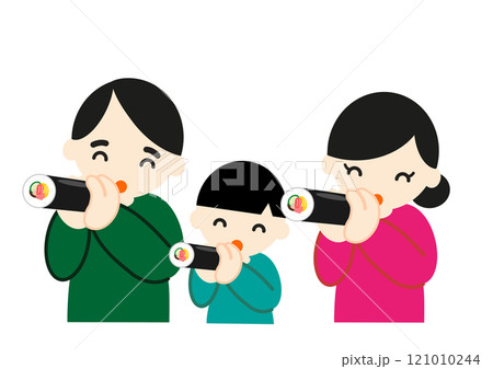 恵方巻きを食べる三人家族2 121010244