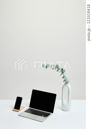 Laptop, vase with eucalyptus, and smartphone. Soft beige tones with space for text. Great for stylish business or branding mockups. Laptop, vase with eucalyptus, and smartphone. Soft beige tones with space for text. Great for stylish business or branding mockups. 121010418