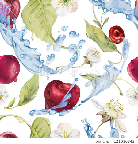 Sweet sour cerise cherry flying in water, waves splashes drops, watercolor hand drawn, ripe red berry leaves white flowers. Seamless pattern tile illustration. Restaurant dessert menu, farmers market 121010842