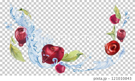 Sour sweet cherry cerise flying in water splashes drops, hand drawn in watercolor, ripe red garden berry and leaves. Isolated composition illustration. Restaurant cafe menu, farmers market, wedding Sour sweet cherry cerise flying in water splashes drops, hand drawn in watercolor, ripe red garden berry and leaves. Isolated composition illustration. Restaurant cafe menu, farmers market, wedding 121010843