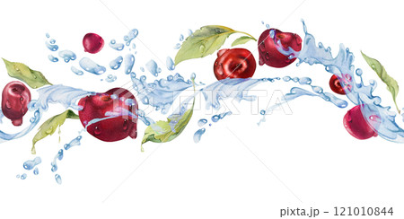 Sweet sour cherry cerise flying in water splashes with drops, hand drawn in watercolor, ripe red garden berry and leaves. Seamless banner illustration for restaurant cafe menu, farmers market, wedding Sweet sour cherry cerise flying in water splashes with drops, hand drawn in watercolor, ripe red garden berry and leaves. Seamless banner illustration for restaurant cafe menu, farmers market, wedding 121010844