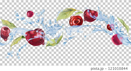 Sweet sour cherry cerise flying in water splashes with drops, hand drawn in watercolor, ripe red garden berry and leaves. Seamless banner illustration for restaurant cafe menu, farmers market, wedding Sweet sour cherry cerise flying in water splashes with drops, hand drawn in watercolor, ripe red garden berry and leaves. Seamless banner illustration for restaurant cafe menu, farmers market, wedding 121010844
