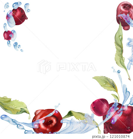 Sweet sour cherry cerise flying in water splashes drops, hand drawn in watercolor, ripe red garden berry and leaves. Isolated square frame illustration. Restaurant cafe menu, farmers market, wedding 121010874