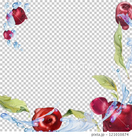 Sweet sour cherry cerise flying in water splashes drops, hand drawn in watercolor, ripe red garden berry and leaves. Isolated square frame illustration. Restaurant cafe menu, farmers market, wedding 121010874