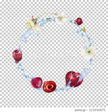 Sweet cherry cerise flying in water splashes drops, hand drawn in watercolor, red garden berry, white flowers leaves. Circle wreath frame illustration. Restaurant cafe menu, farmers market, wedding Sweet cherry cerise flying in water splashes drops, hand drawn in watercolor, red garden berry, white flowers leaves. Circle wreath frame illustration. Restaurant cafe menu, farmers market, wedding 121010875