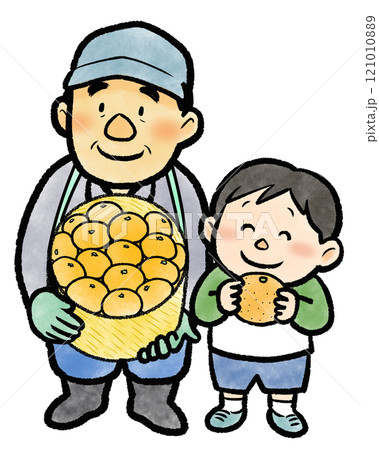 みかんを収穫する農家のおじさんと子ども 121010889