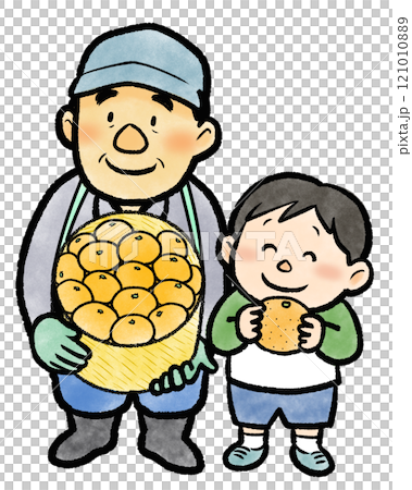 みかんを収穫する農家のおじさんと子ども 121010889