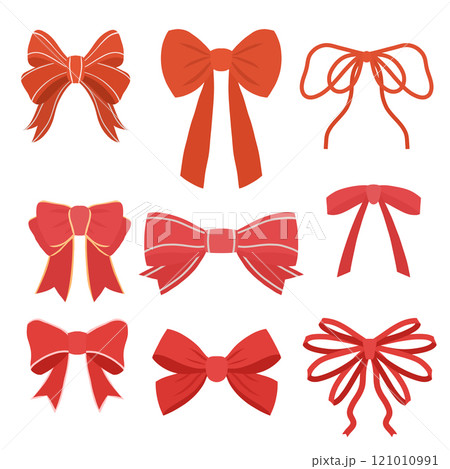 Vector set of red vector bows in a flat style. Festive collection of ribbons for invitations and cards Vector set of red vector bows in a flat style. Festive collection of ribbons for invitations and cards 121010991