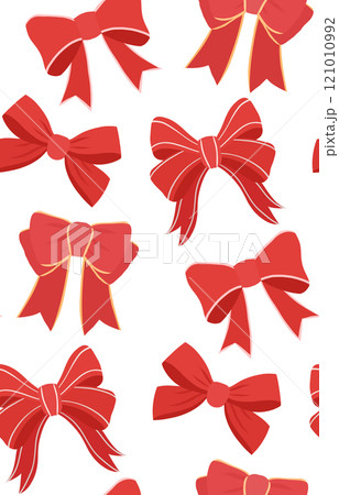 Seamless holiday pattern with red bows on white background. Holiday texture with ribbons 121010992
