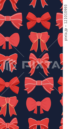 Seamless holiday pattern with red bows on dark blue background. Birthday textile. Holiday texture with ribbons 121010993