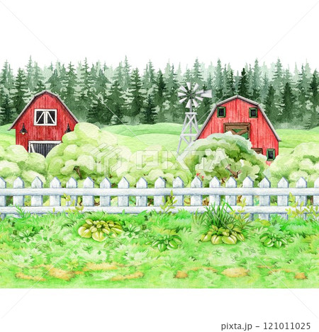 Summer season countryside landscape scene with green grass, red barn, conifer forest background. Hand drawn watercolor illustration. Countryside, farm, village nature landscape element Summer season countryside landscape scene with green grass, red barn, conifer forest background. Hand drawn watercolor illustration. Countryside, farm, village nature landscape element 121011025
