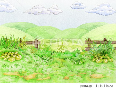 Springtime countryside nature background with green grass, wooden fence, meadow and blue sky with clouds. Hand drawn watercolor illustration. Countryside peaceful nature landscape backdrop element 121011028
