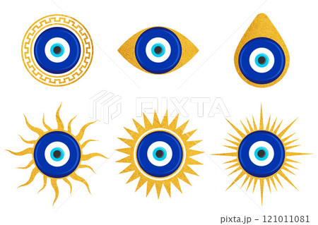 Evil eye blue Turkish symbol set. Magic nazar bead. Greece and Turkish amulet esoteric design for luck and protection with golden frame 121011081