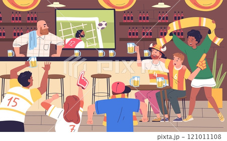 Football fans bar. Soccer fan supporters watching tv match game and drink alcohol in sport club restaurant or beer pub, people celebrating cheering goal classy vector illustration Football fans bar. Soccer fan supporters watching tv match game and drink alcohol in sport club restaurant or beer pub, people celebrating cheering goal classy vector illustration 121011108
