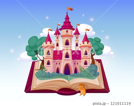 Open fairytale book. Storybook with fairy tale castle knight or princess, magic fantasy story reading books imagination concept kindergarten storytelling swanky vector illustration Open fairytale book. Storybook with fairy tale castle knight or princess, magic fantasy story reading books imagination concept kindergarten storytelling swanky vector illustration 121011119