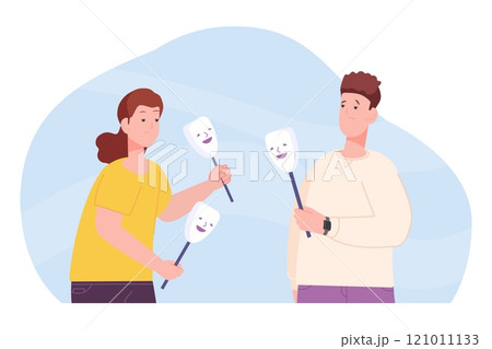 People hide emotions. Man woman couple hiding emotion under mask, personality upset friends hypocrisy concept face expression disguise fake pretending liar vector illustration People hide emotions. Man woman couple hiding emotion under mask, personality upset friends hypocrisy concept face expression disguise fake pretending liar vector illustration 121011133