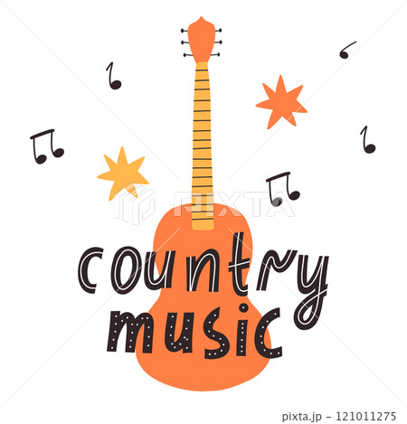 Country music concept. Lettering country music in hand drawn style with guitar. Vector illustration. 121011275